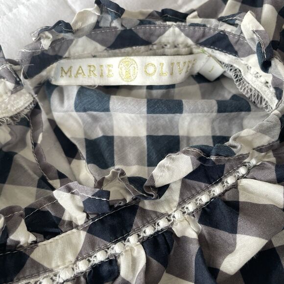 MARIE OLIVER Silk Blend Que Indigo Gingham Plaid Long Sleeve Ruffle Top L - Picture 8 of 15